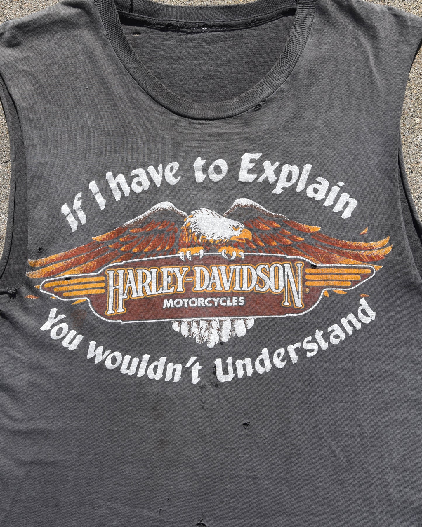 1980s Thrashed and Sun Faded Cutoff Harley Tshirt