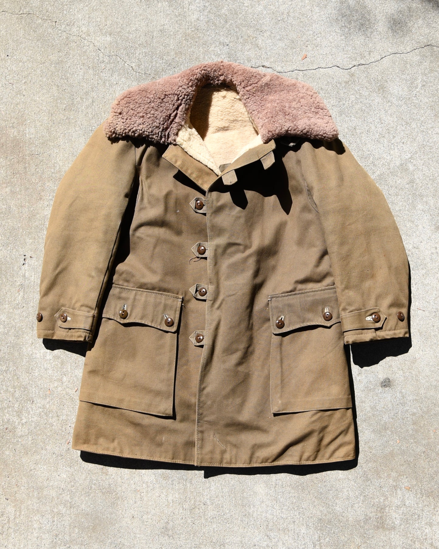 1940s Swedish M1909 Military Sheepskin Lined Heavy Canvas Field Coat Size Large