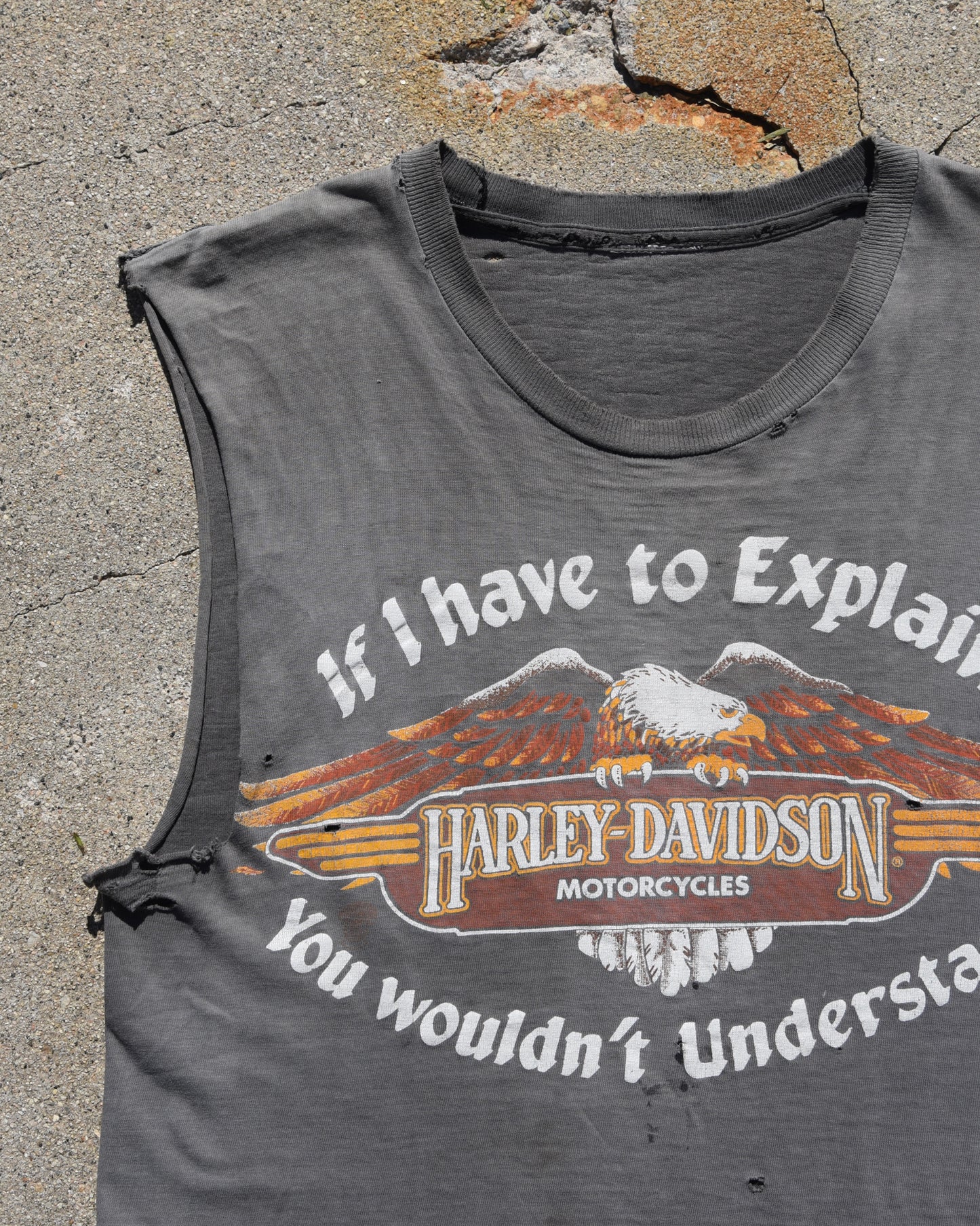 1980s Thrashed and Sun Faded Cutoff Harley Tshirt