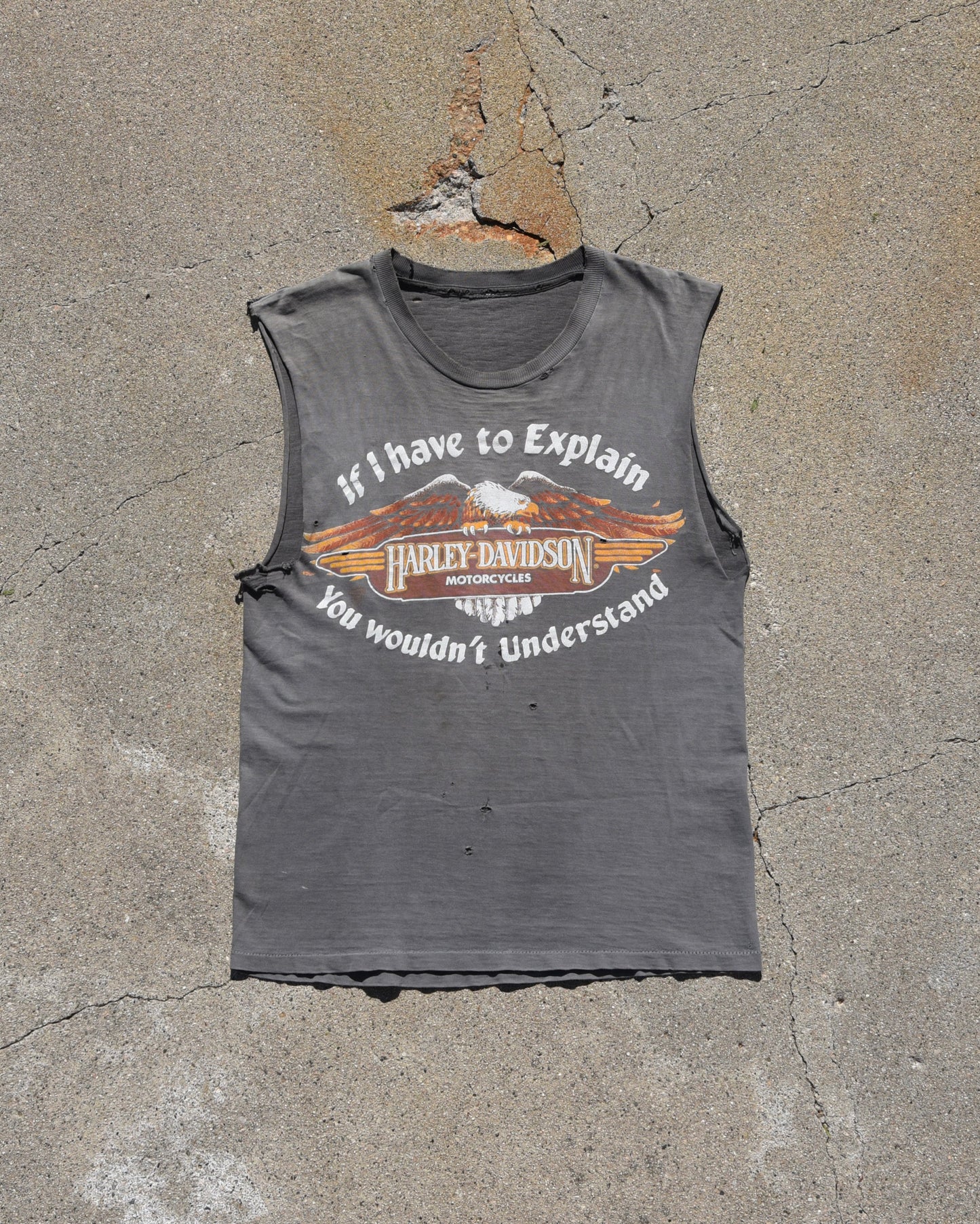 1980s Thrashed and Sun Faded Cutoff Harley Tshirt