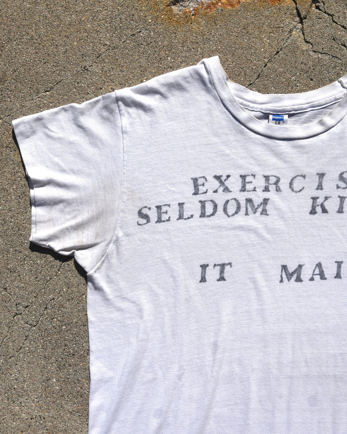 1970s Exercise Seldom Kills It Maims Tshirt
